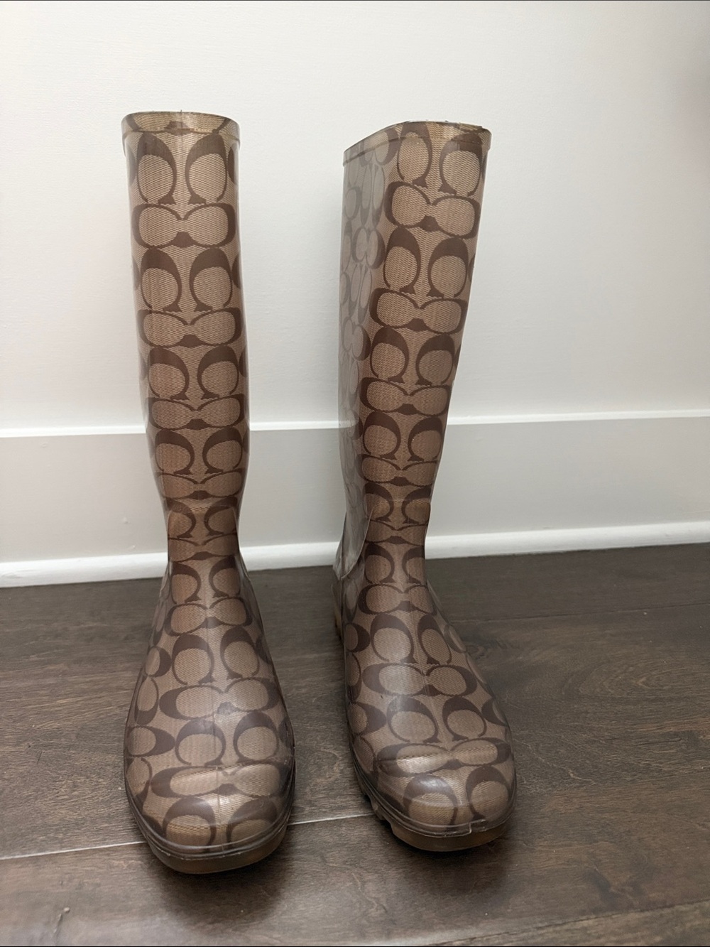 Coach Brown Signature Pattern Rain Boots - Women's Tall Waterproof - Picture 6 of 8